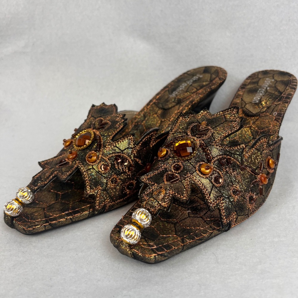 Vintage John Fashion Womens Bronze Gold Metallic Beaded Mules Size 7 Square Toe